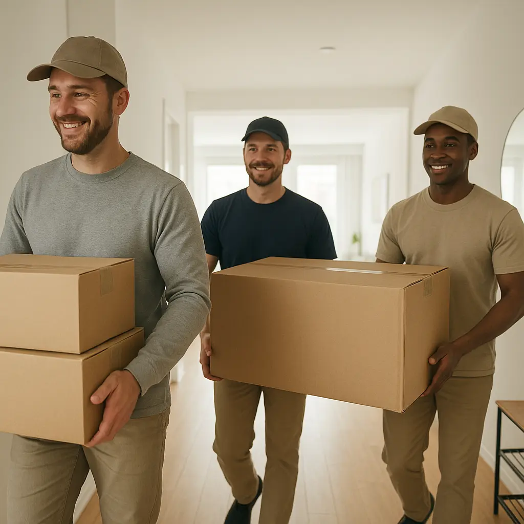 Umzugsteam trägt Kartons in ein helles Treppenhaus